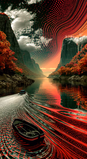 Surreal canyon river in digital art style with red, black, and orange tones