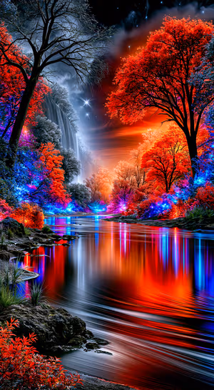 Surreal neon river landscape centered on a red and blue background in a surreal forest aesthetic.