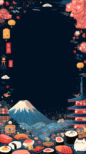 Kawaii illustrated sushi town with Mount Fuji and pagoda on deep navy background with pink accents, ultra hd.