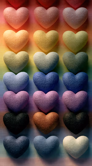3D tactile rainbow hearts grid on a soft pastel background in a cozy, textured aesthetic ultra HD background