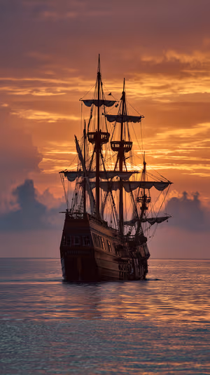 Cinematic tall ship silhouette centered on a golden orange sky background, ultra HD 8K sea sunset image.