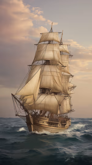 Cinematic vintage tall ship centered on a golden hued sunset sea; ultra HD 8K image for iPhone Lock Screen.