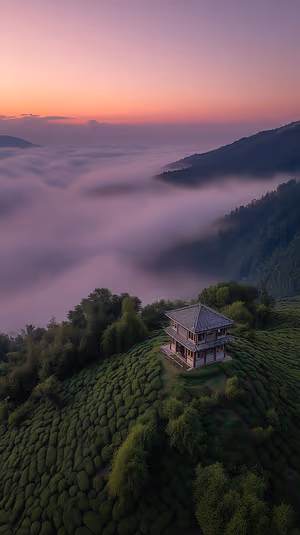 Aerial misty tea pavilion centered on a green hill with pink sunrise tones in tranquil landscape aesthetic, ultra HD