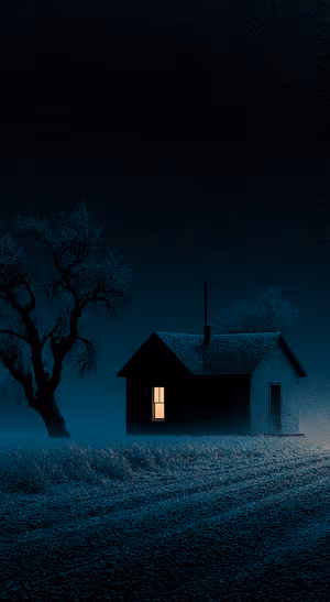 Moody cabin with single lit window centered on a deep teal background in noir minimalist aesthetic, ultra HD