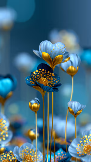 Surreal 3D floral bloom centered on a teal background in a luminous gold accented aesthetic, ultra HD image