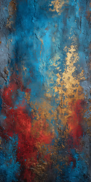 Textured abstract painting with teal base, red highlights and metallic gold leaf accents on a vertical canvas ultra HD image.