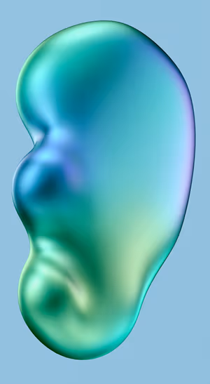 3D liquid form centered on a teal blue background in a glossy abstract aesthetic.