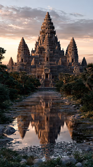Cinematic ancient temple centered against warm golden brown skies with reflective river, ultra HD image