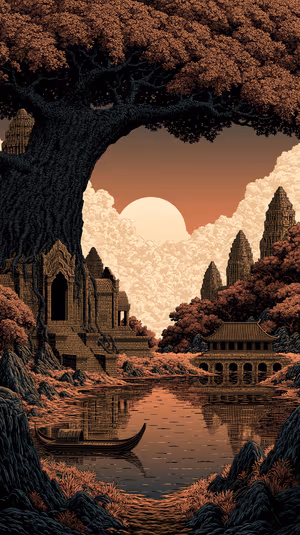 Intricate illustrative temple ruins and giant tree centered on a sepia orange background; ultra hd 8K landscape for iPhone lock screen