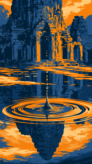 Illustrative temple ruins reflected in water with a central droplet ripple in deep blue and vivid orange, ultra hd image