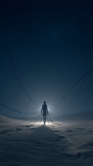 Cyberpunk tethered figure centered on a midnight blue desert background in moody sci fi aesthetic, ultra HD image.
