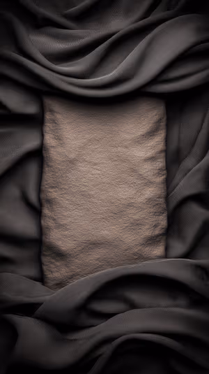 Minimalist textured paper panel centered on deep charcoal background with draped fabric, ultra HD image