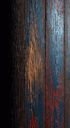 Textured wood grain in vertical panels with blue, copper, red, and black tones in a dark aesthetic.