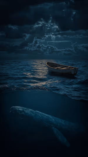 Cinematic moonlit whale and lone rowboat centered on a deep blue background ultra HD 8K background for iOS lock screens.