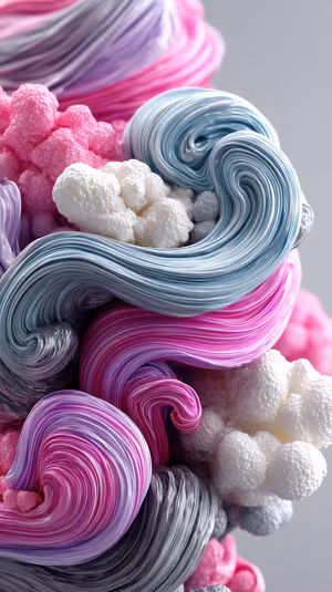 3D abstract swirl of interwoven pink, blue, gray and white ribbon forms on a pastel background, ultra HD image