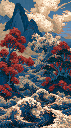 Ukiyo e style tidal landscape with cresting waves and red maple trees on deep blue and cream background, ultra HD