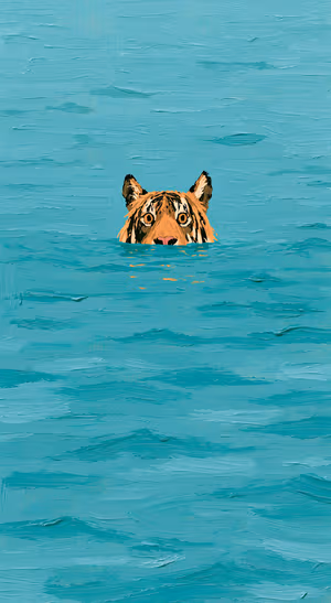 Painterly tiger head peeking on a turquoise textured brushstroke background in a whimsical painted aesthetic, ultra HD image