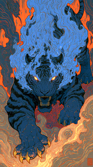 Neo traditional illustrated tiger with blue flame mane and glowing orange eyes on a blue orange background, ultra HD 8K