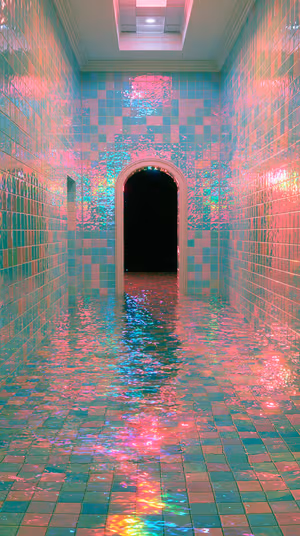 Neon surreal tiled corridor with arched doorway and reflective water on pink and teal iridescent tiles, ultra HD.