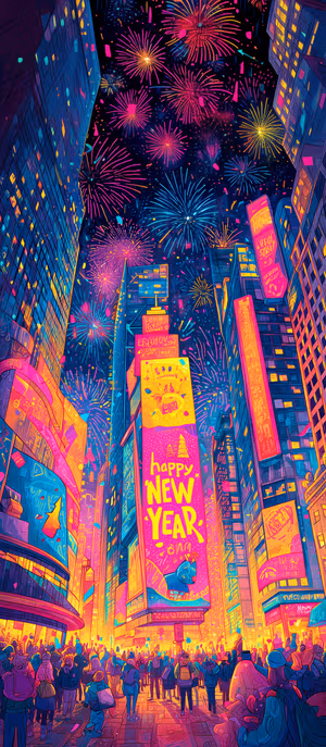 Neon illustrated Times Square cityscape with fireworks and cheering crowd on an electric blue magenta night ultra HD 8K mobile background.