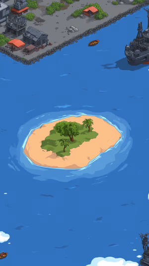 Hand drawn isometric tiny tropical island centered on a bright blue ocean background in minimalist illustration aesthetic, ultra hd