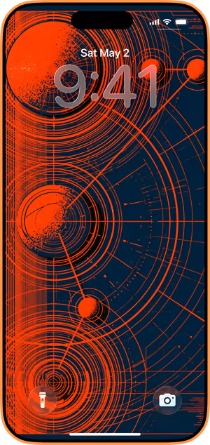 Wallpaper preview on iPhone 17 Pro Max running iOS 26 - Crimson Orbit Diagram