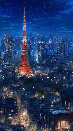 Neon stylized Tokyo Tower centered on blue and red urban night background, ultra HD 8K mobile image.