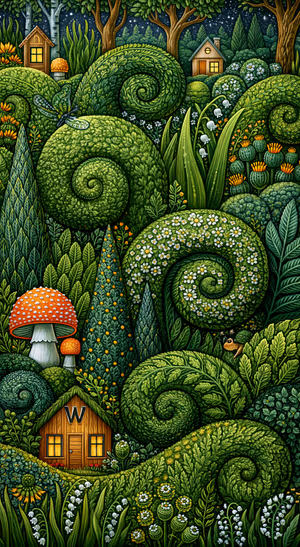 Hand illustrated topiary garden centered on a lush green background in whimsical fantasy aesthetic ultra HD.