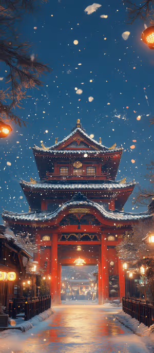Traditional nightscape torii gate centered on a deep blue sky with lantern lit path and falling snow in ultra HD 8K.