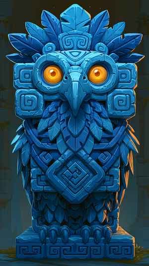 Stylized tribal totem owl carved in blue stone with glowing amber eyes ultra HD 8K phone background