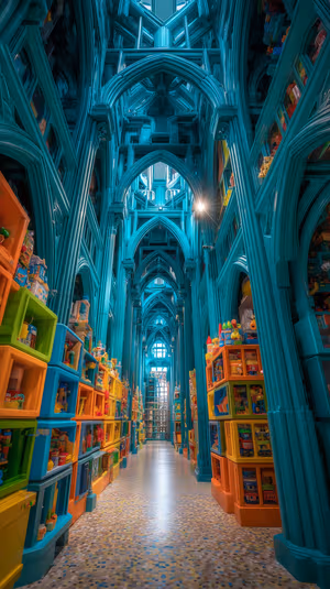 Surreal toy cathedral interior with turquoise arches and colorful crates, ultra HD 8K image for iPhone