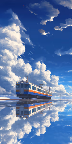 Anime style train centered on a blue sky with mirrored flooded tracks, ultra HD 8K mobile background.