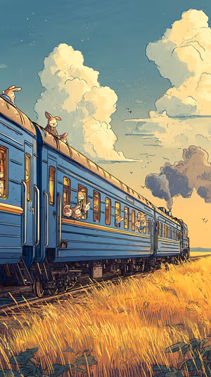 Whimsical train illustration centered on a golden blue sunset background with rabbit passengers, ultra HD image.