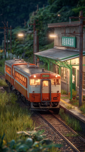 Vintage train station with orange carriage centered on a warm orange green backdrop in a cozy vintage aesthetic ultra HD wallpaper.