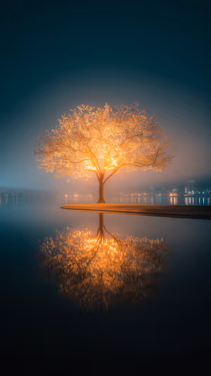 Minimalist luminous tree centered on a golden teal background in a serene nighttime aesthetic, ultra HD wallpaper.