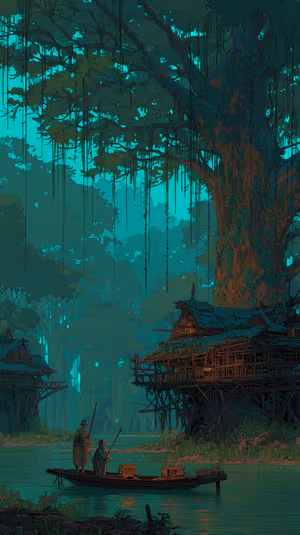 Fantasy illustration of a tree village centered on a teal forest backdrop at dusk ultra HD 8K image optimized for iPhone