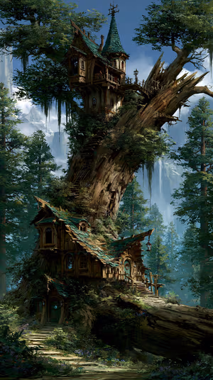 Painterly fantasy treehouse on a mossy trunk with teal shingles and lush green forest background ultra HD 8K image for iPhone.