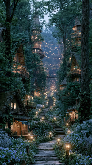 Fairy tale treehouse path centered in mossy green forest with warm string lights, ultra hd 8K background