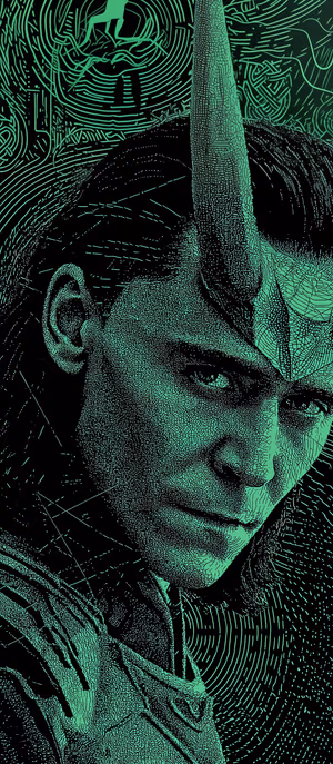 Neon mosaic trickster portrait centered on a dark green background in high contrast mosaic aesthetic, ultra HD image.