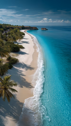 Aerial tropical beach scene with turquoise waters and palm tree shadows on white sand ultra HD 8K image for iPhone.