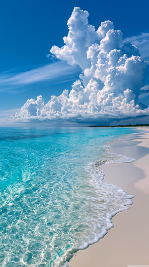 Photographic tropical shoreline with crystal turquoise water, white sand and towering cumulus clouds in an Ultra HD 8K image