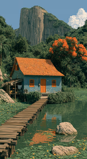 Painterly tropical cabin beside a green lake with orange roof and mountain cliff in a natural aesthetic