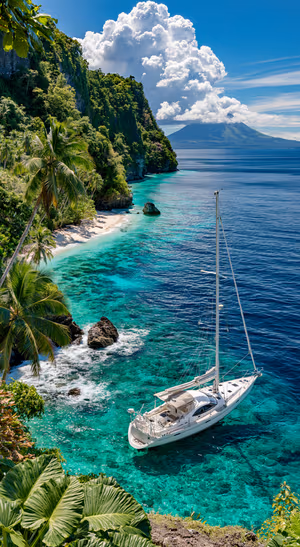 Tropical coastal sailboat with turquoise water, green palms, and a deep blue ocean aesthetic.