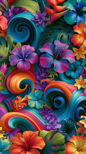 Vibrant tropical floral composition with hibiscus and monstera on a multicolor swirled background, ultra hd 8K