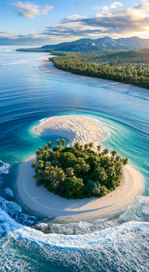 Aerial tropical island in an aesthetic style with turquoise ocean and bright sandy tones