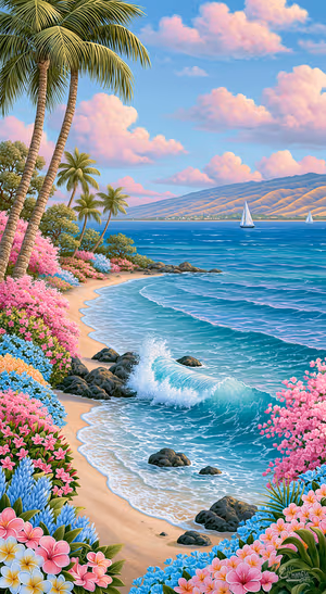 Tropical ocean scene with palm trees and pink flowers on a blue coastal background in an aesthetic style.