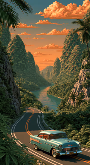Retro classic car and tropical valley in mint green and orange sunset tones.