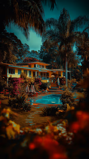 Cinematic tropical villa with glowing pool and palm trees on a teal orange dusk background ultra HD image