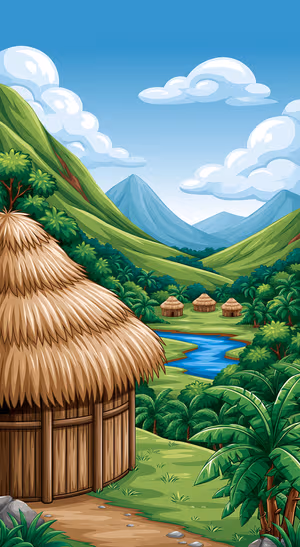 Cartoon tropical village landscape with thatched huts and blue green mountain scenery in a bright sky aesthetic.