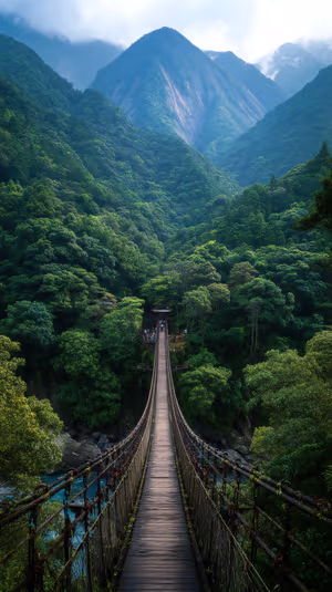 Photoreal suspension bridge centered on a lush green background with misty mountain gradients Ultra HD 8K image for iPhone.